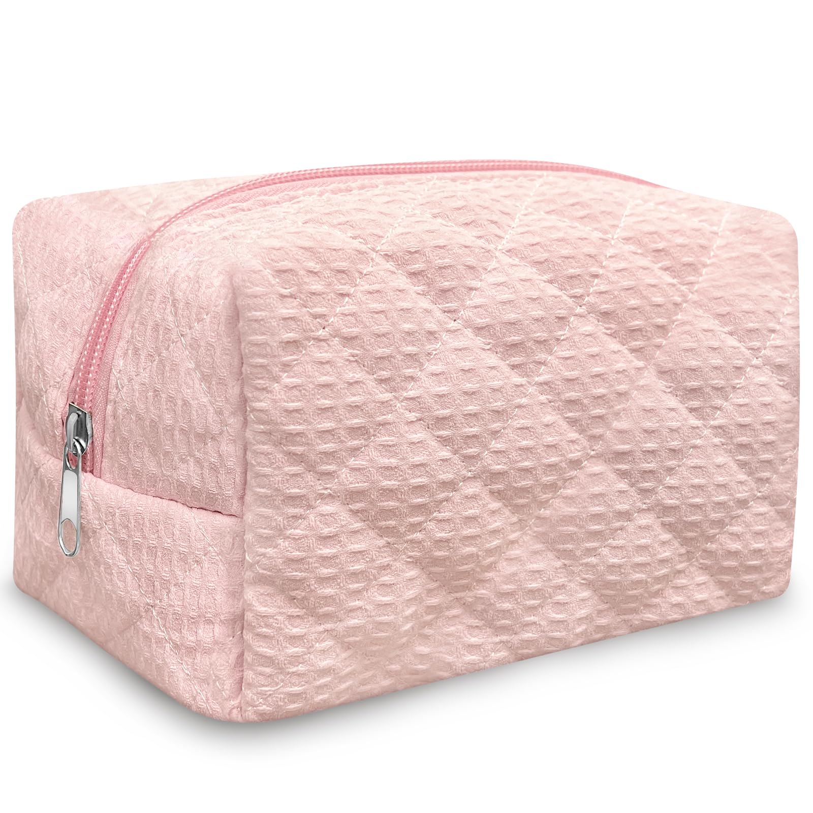 Trnerm Small Makeup Bag Quilted Cosmetic Bag Coquette Makeup Pink Waffle Pouch Makeup Organizer Small Travel Makeup Bag Travel Toiletry Bag for Women Girls